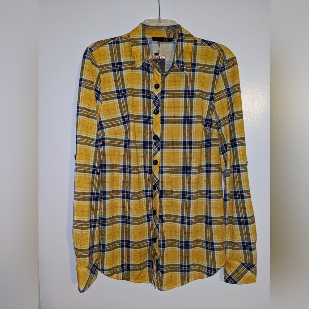 DJT Womens Soft Stretchy Plaid Shirts Roll Up Long Sleeve Collared Button Down